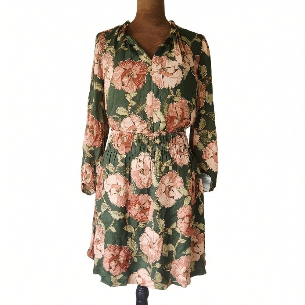 New DR2 Nordstrom Floral Green Dress Stretchy Waist Women's A-line Size L